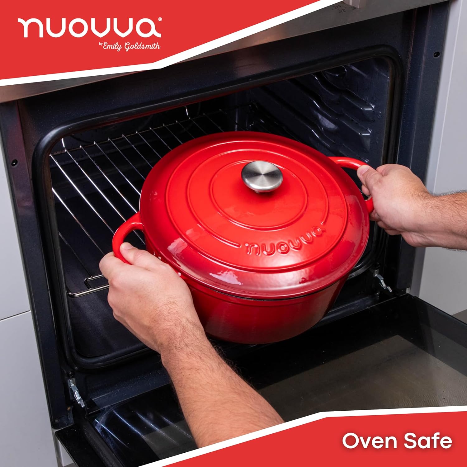 Cast Iron Dutch Oven with Lid – Non-Stick Ovenproof Enamelled Casserole Pot, Oven Safe up to 500° F – Sturdy Dutch Oven Cookware – Red, 6.4-Quart, 28cm – by Nuovva - Image 3
